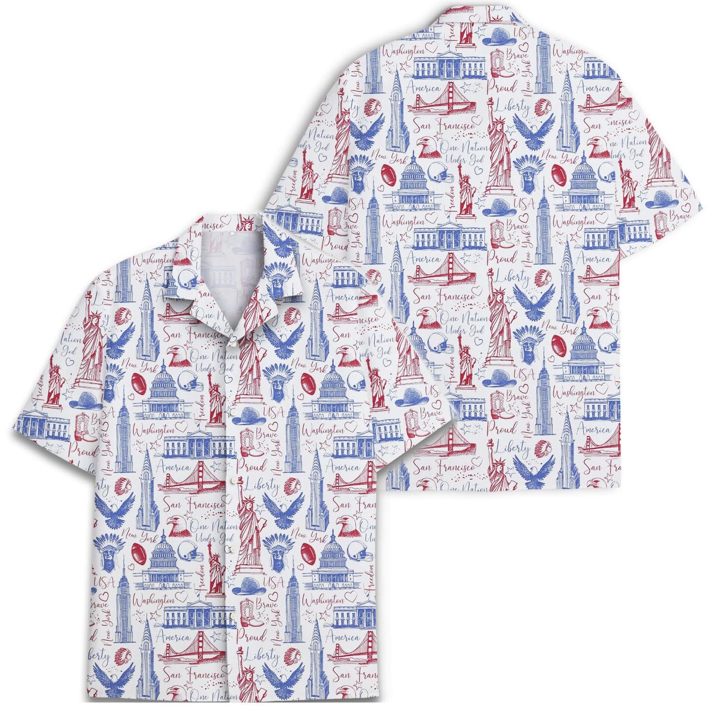 USA City Landmarks Hawaiian Shirt - Statue of Liberty, Capitol, and More