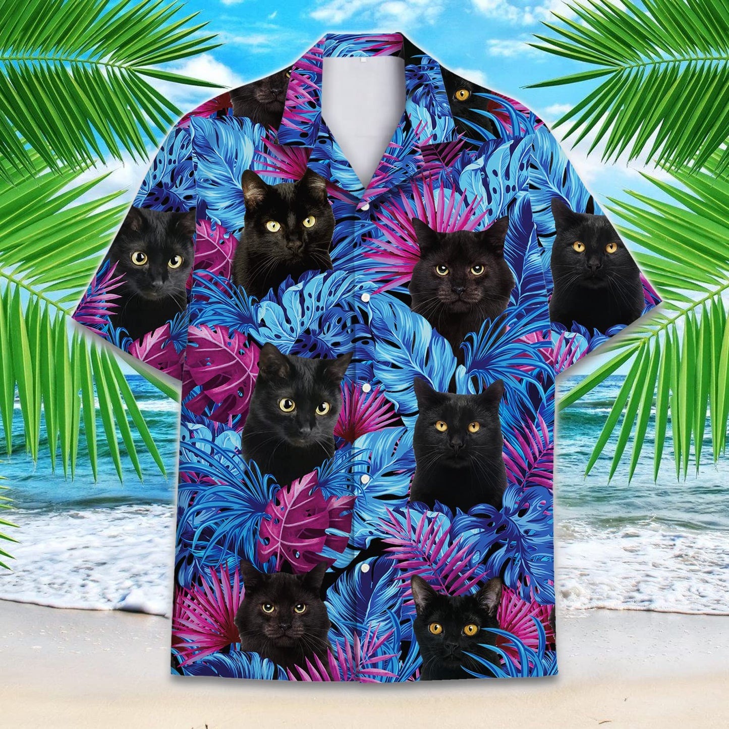 Black Cat Hawaiian Shirt – Tropical Jungle Leaves Aloha Shirt for Cat Lovers