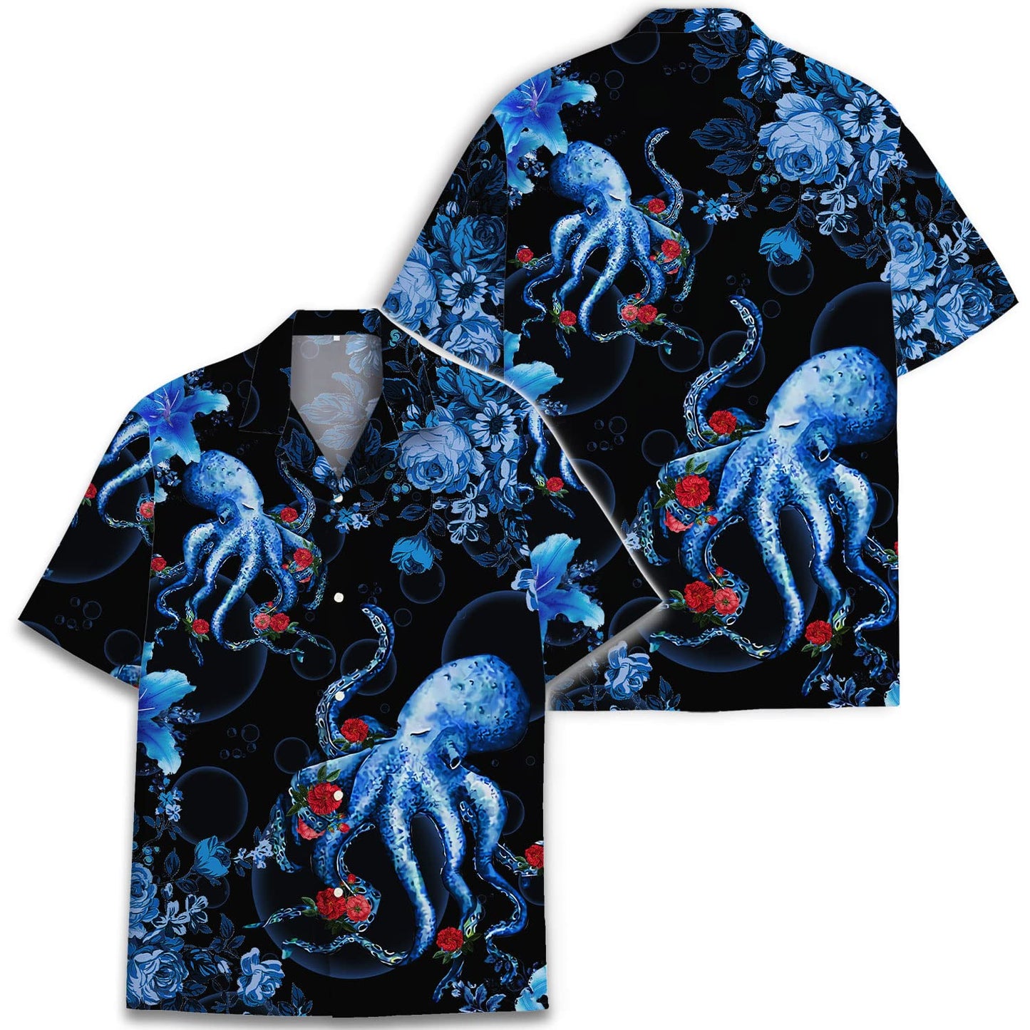 Octopus Floral Hawaiian Shirt – Blue Tentacle & Rose Print Aloha Shirt
