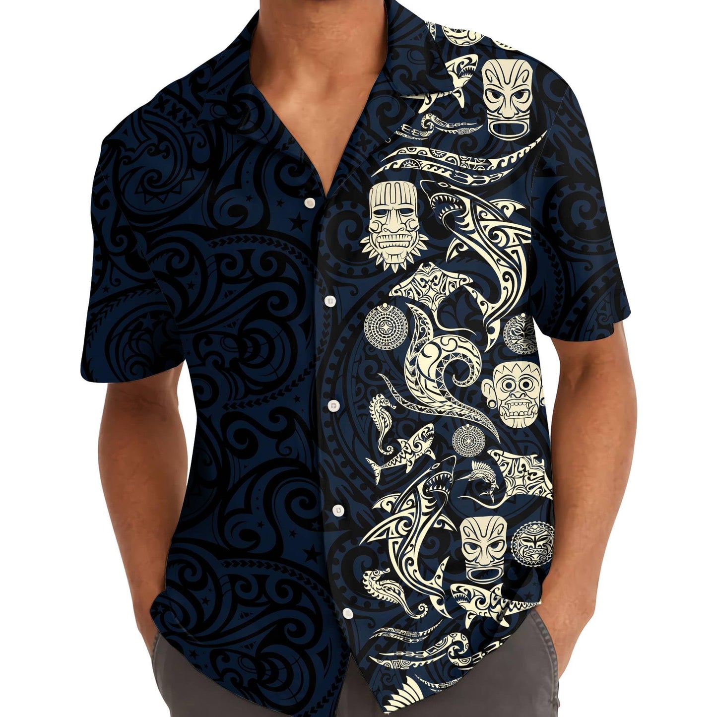 Polynesian Tribal Hawaiian Shirt – Black & Ivory Tiki Island Print