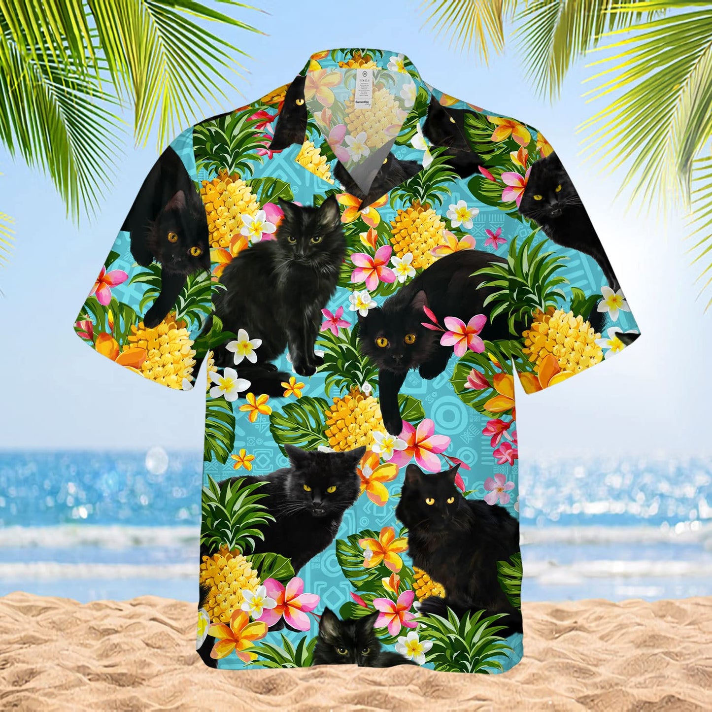 Black Cat Hawaiian Shirt – Tropical Pineapple & Floral Print Aloha Shirt