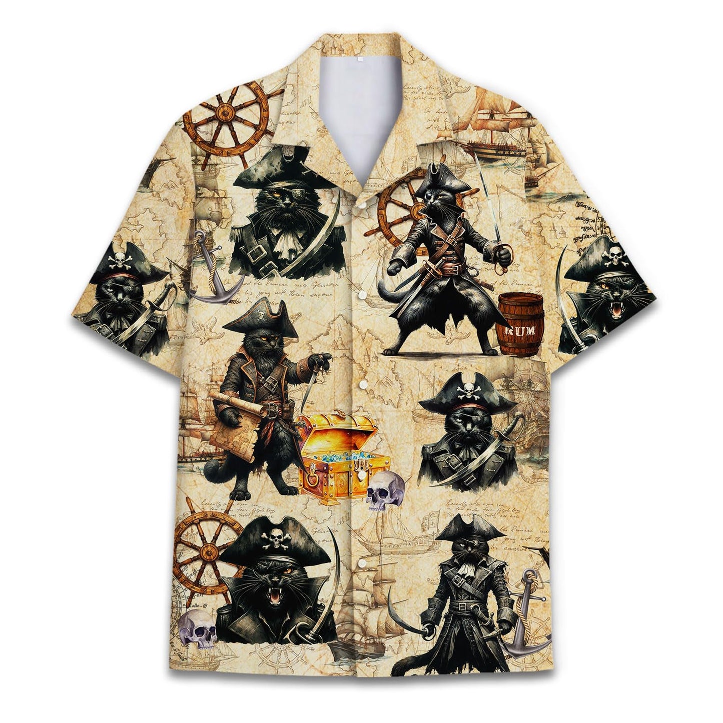 Pirate Cat Hawaiian Shirt – Funny Tropical Pirate Treasure Map Shirt