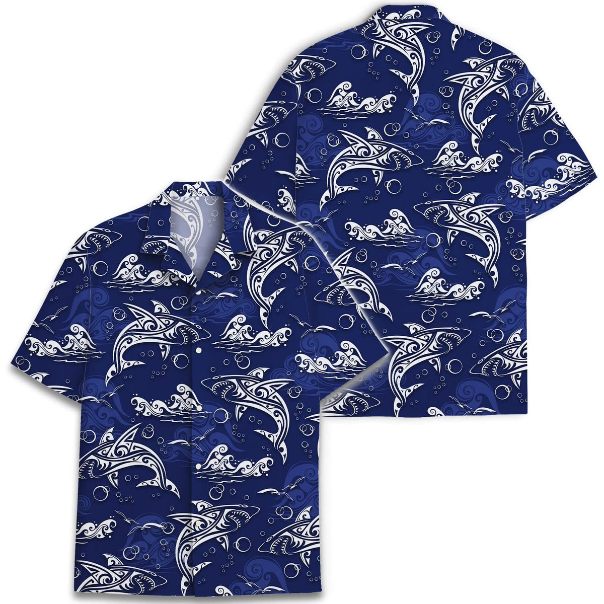 Tribal Shark Hawaiian Shirt – Navy Blue Ocean Aloha Shirt for Men