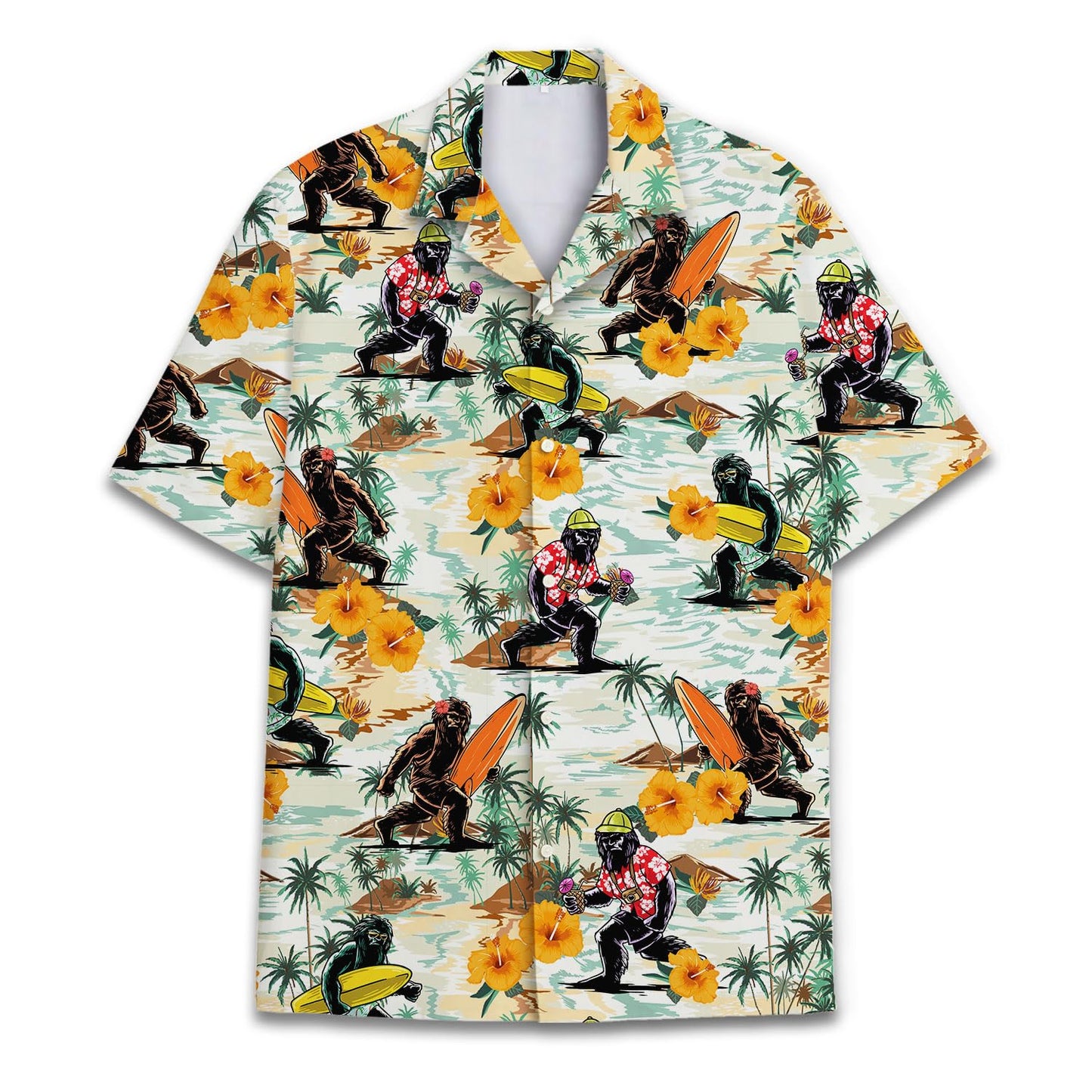 Surfing Bigfoot Hawaiian Shirt – Funny Sasquatch Aloha Shirt with Ukulele & Surfboard