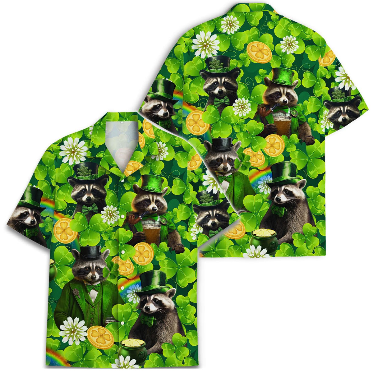 St. Patrick’s Day Raccoon Hawaiian Shirt – Lucky Leprechaun Clover Print