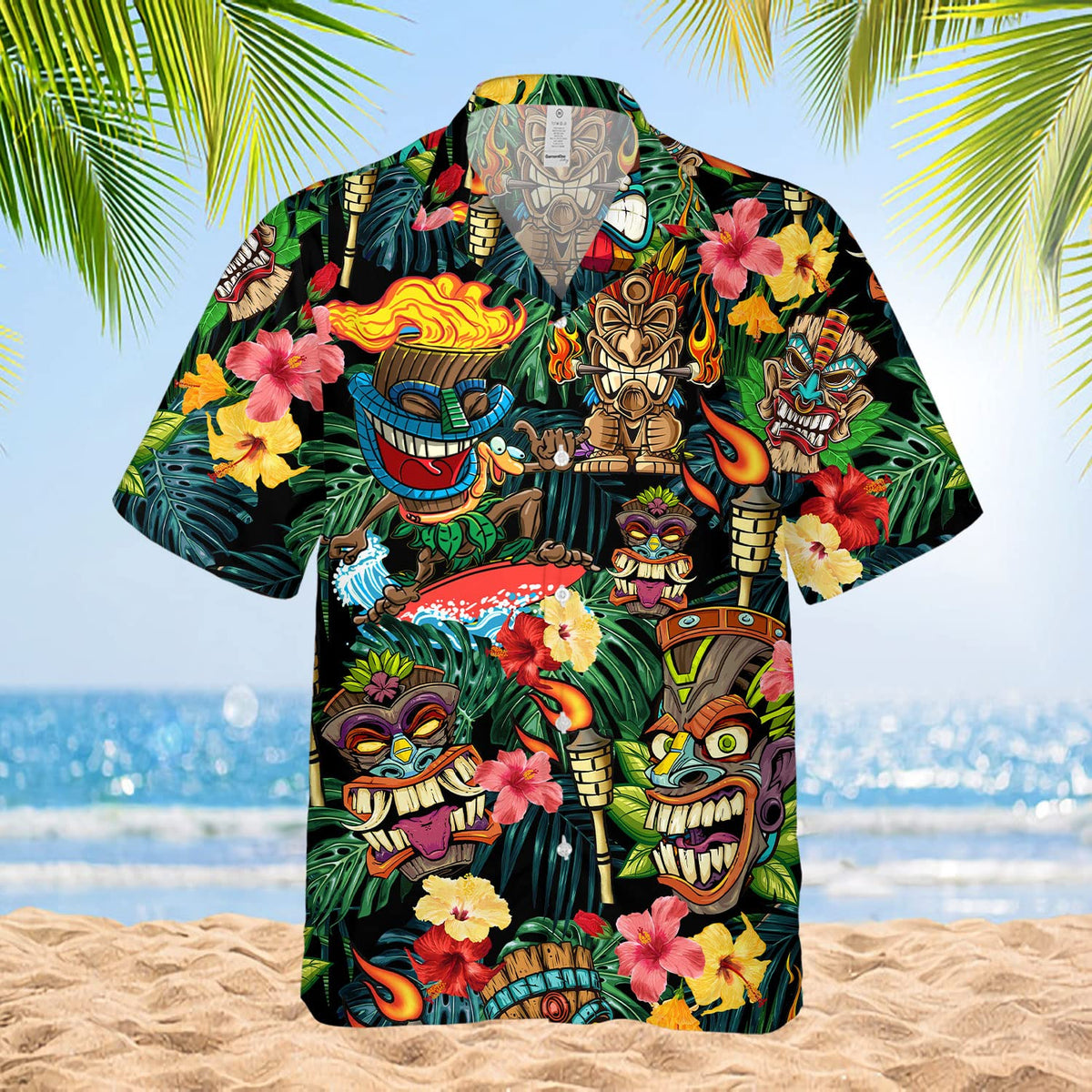 Tiki Fire Hawaiian Shirt – Funny Cartoon Luau Aloha Shirt with Torches & Flowers