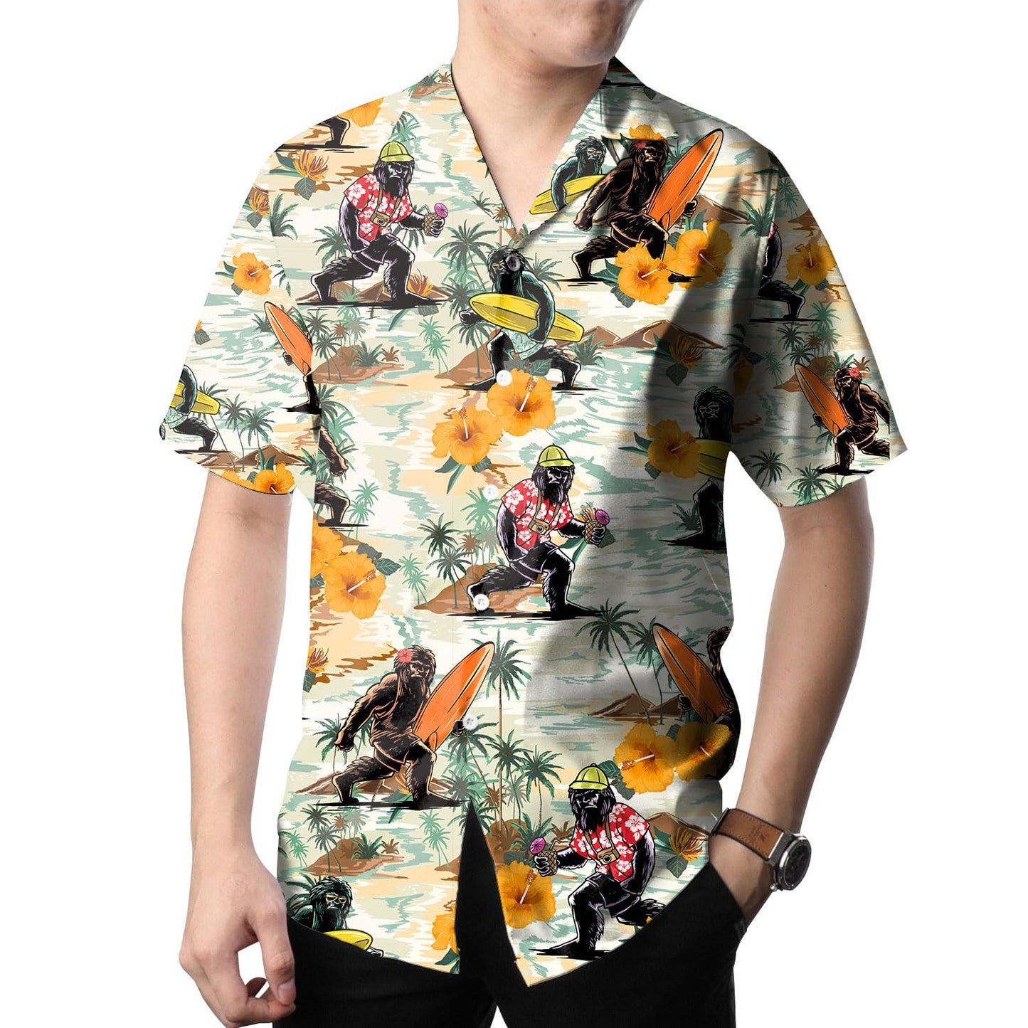 Surfing Bigfoot Hawaiian Shirt – Funny Sasquatch Aloha Shirt with Ukulele & Surfboard