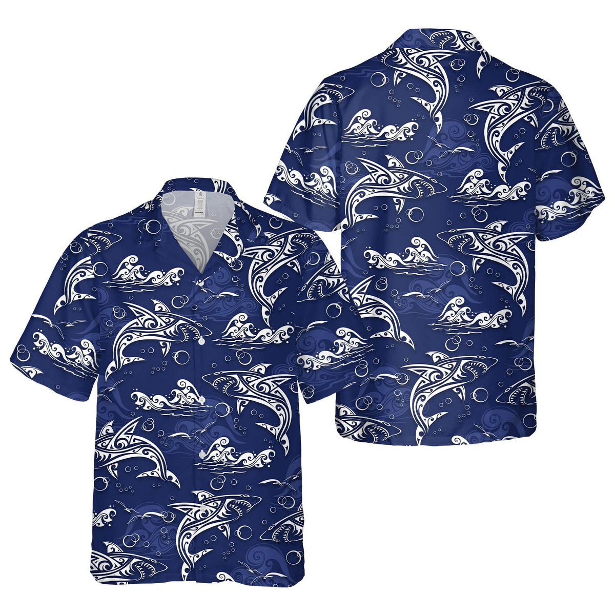 Tribal Shark Hawaiian Shirt – Navy Blue Ocean Aloha Shirt for Men