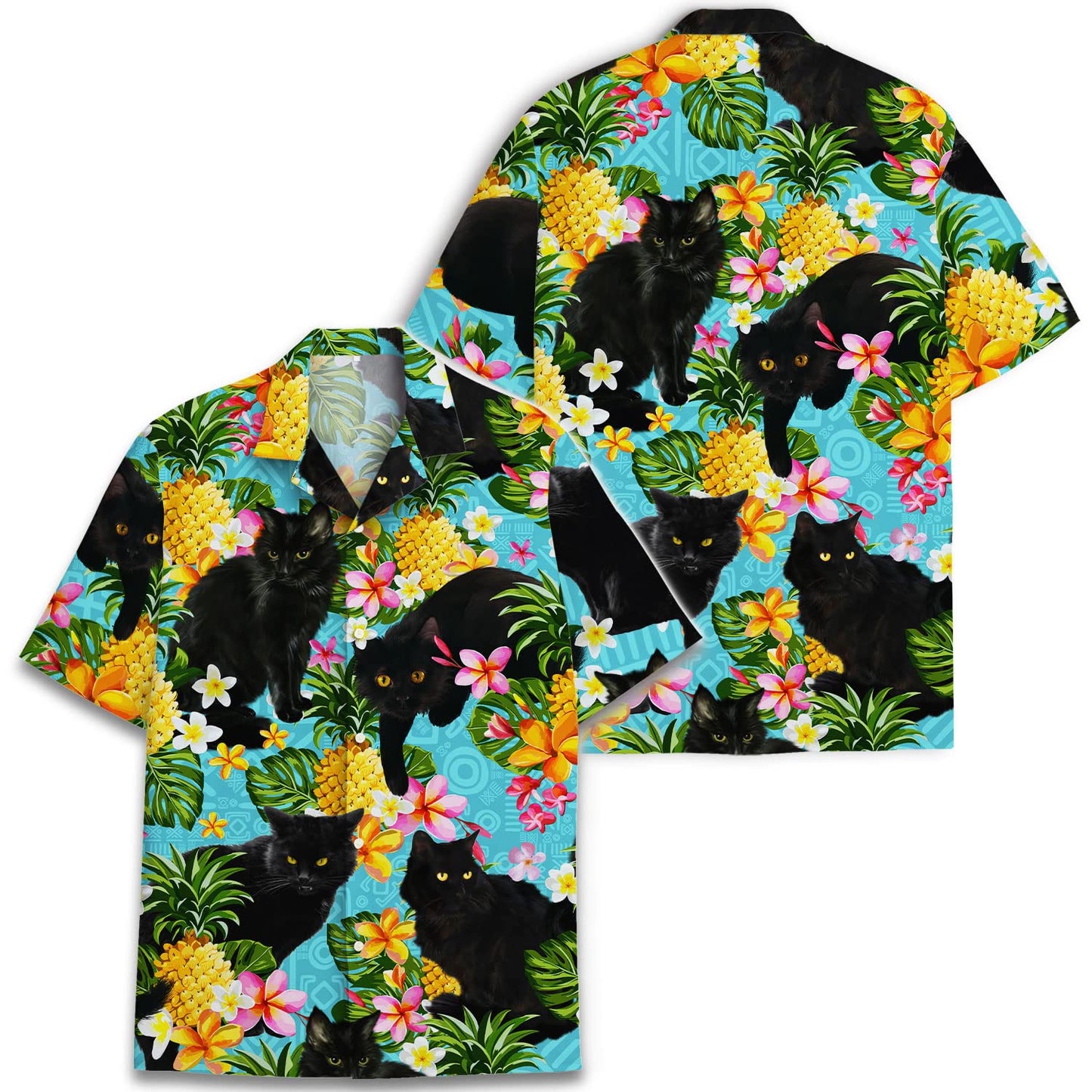Black Cat Hawaiian Shirt – Tropical Pineapple & Floral Print Aloha Shirt