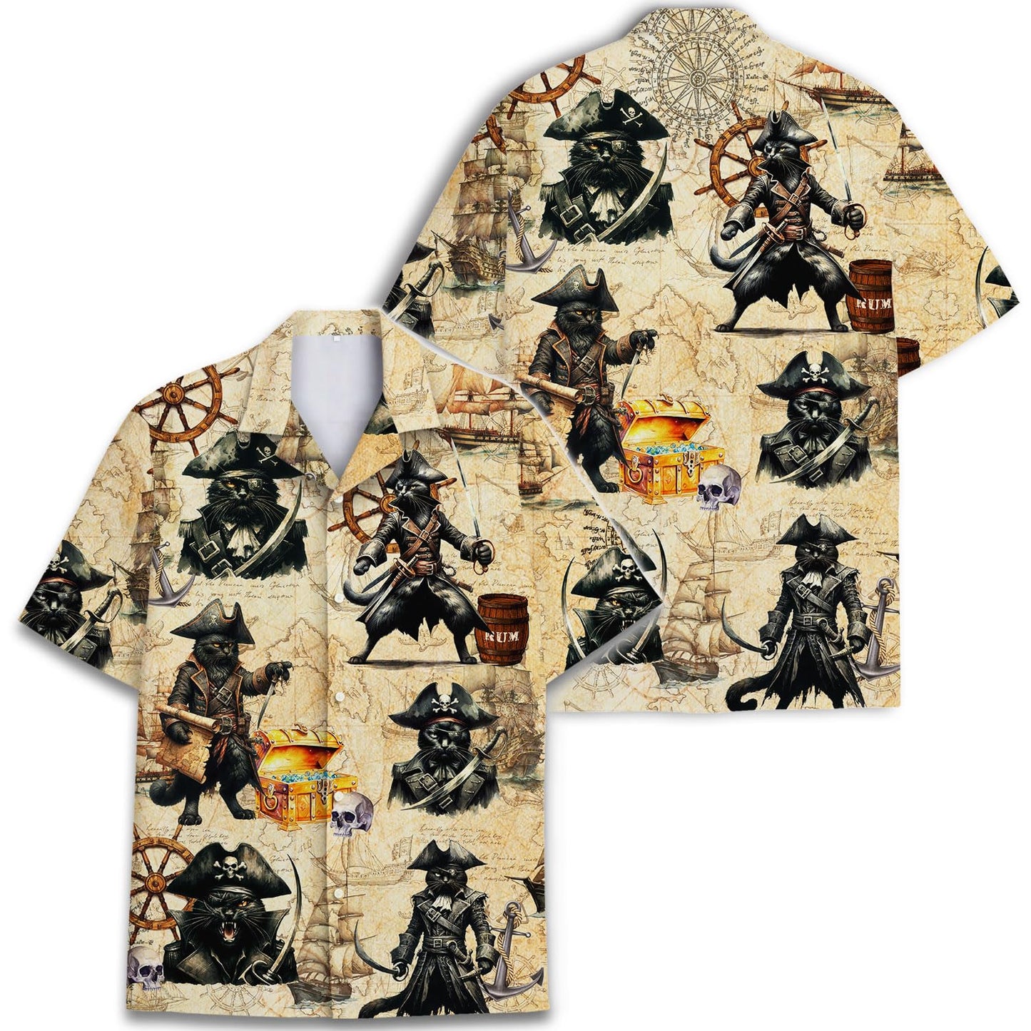 Pirate Cat Hawaiian Shirt – Funny Tropical Pirate Treasure Map Shirt