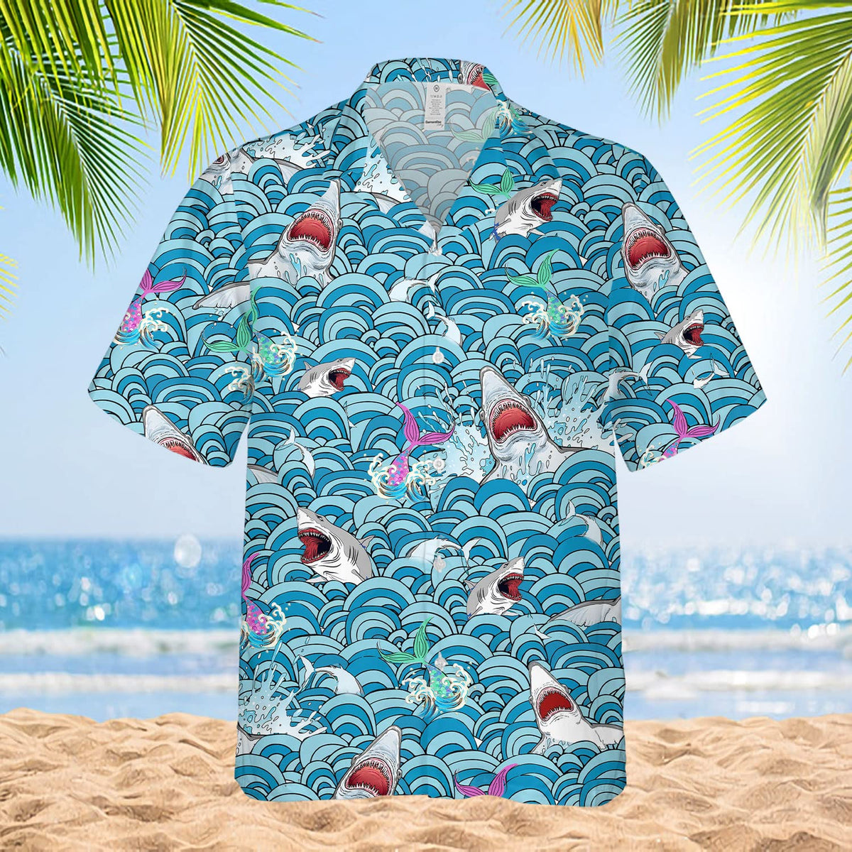 Shark Attack Hawaiian Shirt – Funny Ocean Waves & Mermaid Print Aloha Shirt