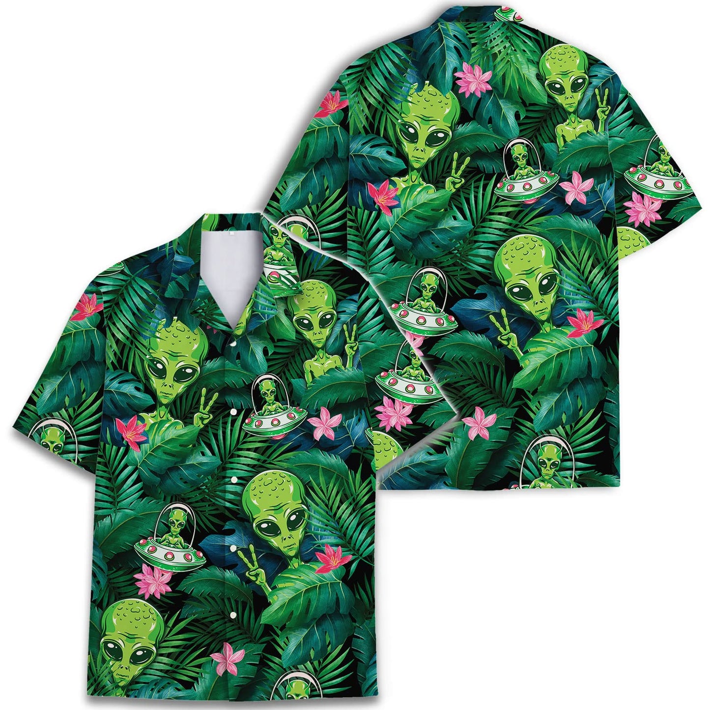 Alien Hawaiian Shirt – Funny UFO Aloha Shirt with Tropical Jungle & Peace Sign