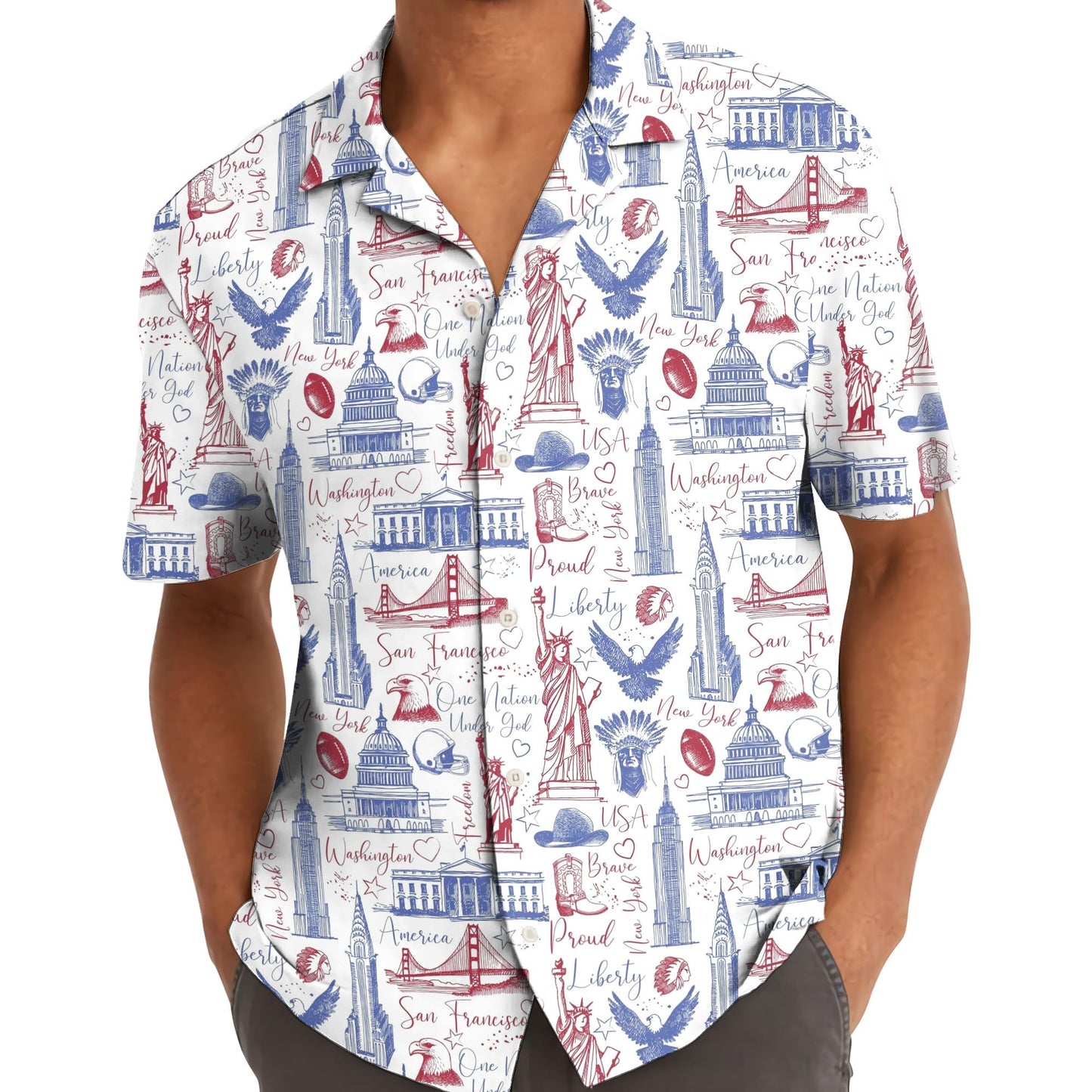 USA City Landmarks Hawaiian Shirt - Statue of Liberty, Capitol, and More