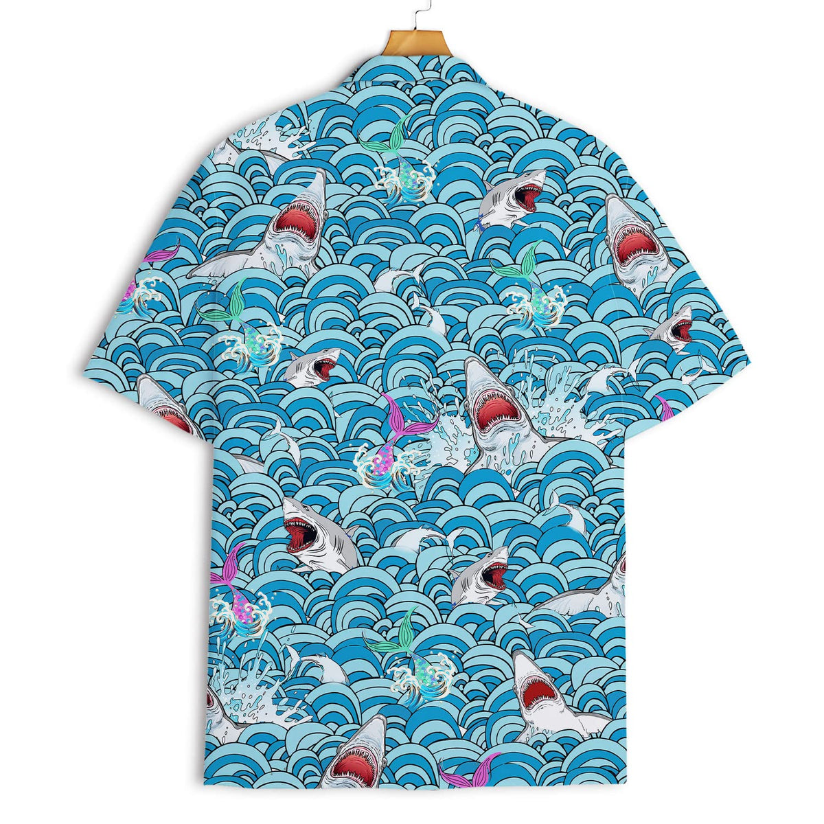 Shark Attack Hawaiian Shirt – Funny Ocean Waves & Mermaid Print Aloha Shirt