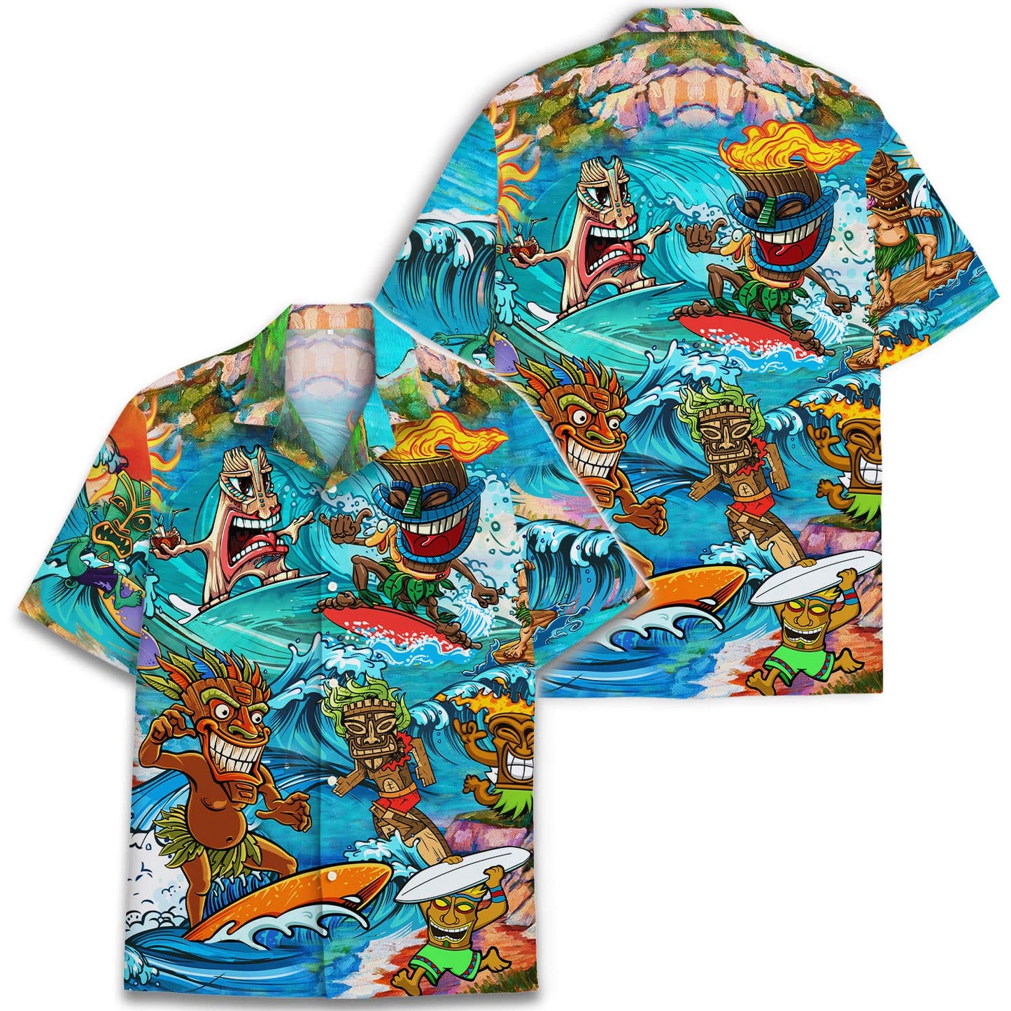 Men’s Funny Tiki Hawaiian Shirt – Cartoon Surfing Tribal Print Aloha Beach Button Down