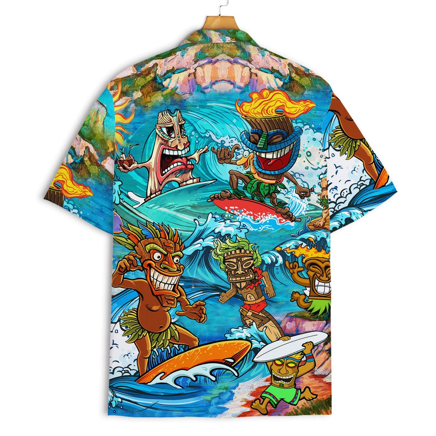 Men’s Funny Tiki Hawaiian Shirt – Cartoon Surfing Tribal Print Aloha Beach Button Down