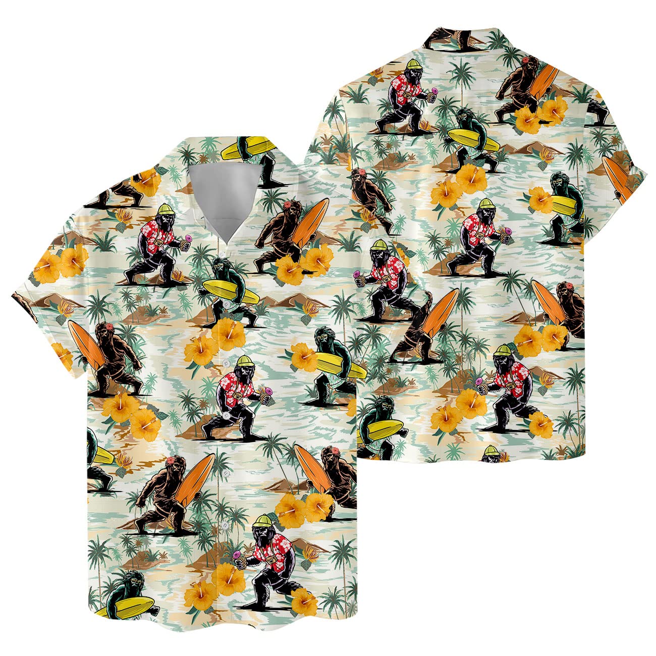 Surfing Bigfoot Hawaiian Shirt – Funny Sasquatch Aloha Shirt with Ukulele & Surfboard