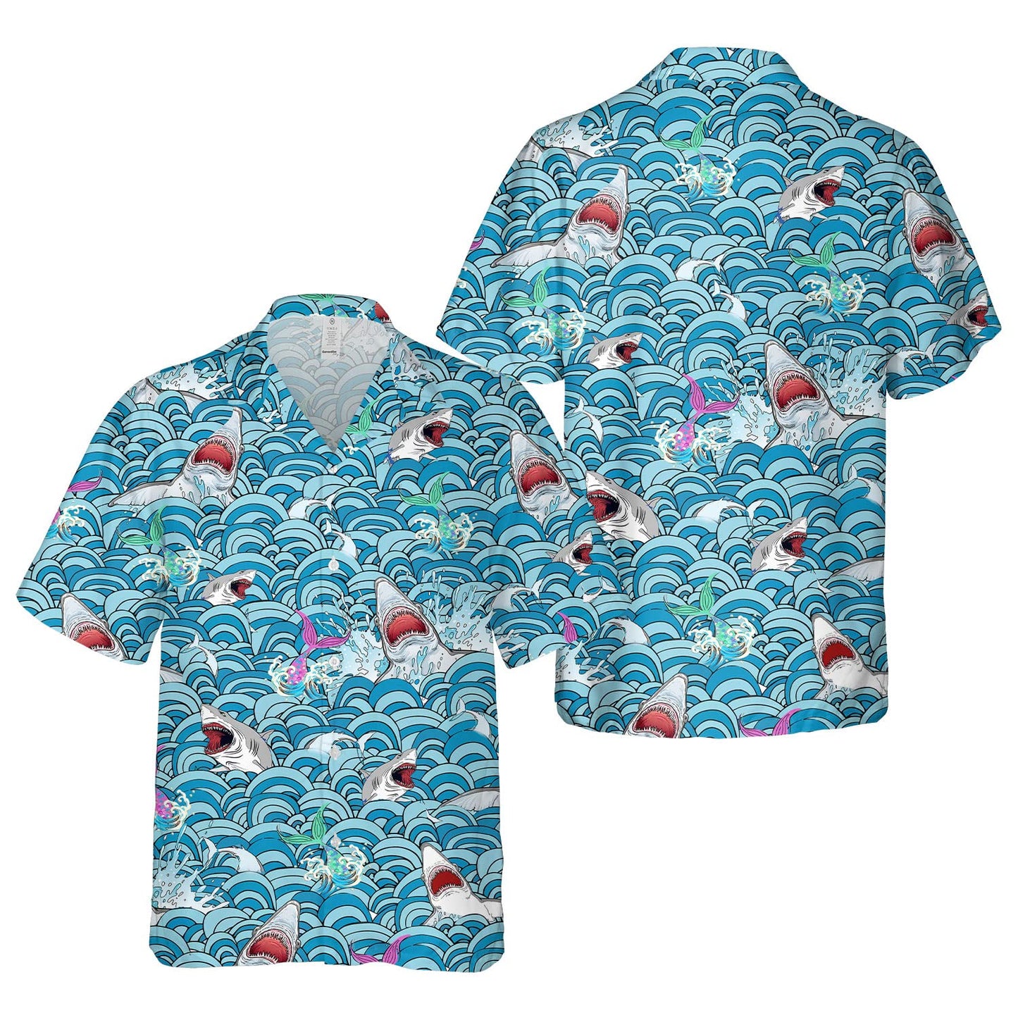 Shark Attack Hawaiian Shirt – Funny Ocean Waves & Mermaid Print Aloha Shirt