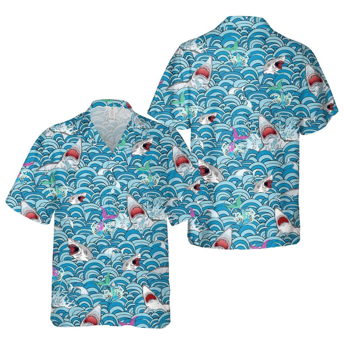 Shark Attack Hawaiian Shirt – Funny Ocean Waves & Mermaid Print Aloha Shirt