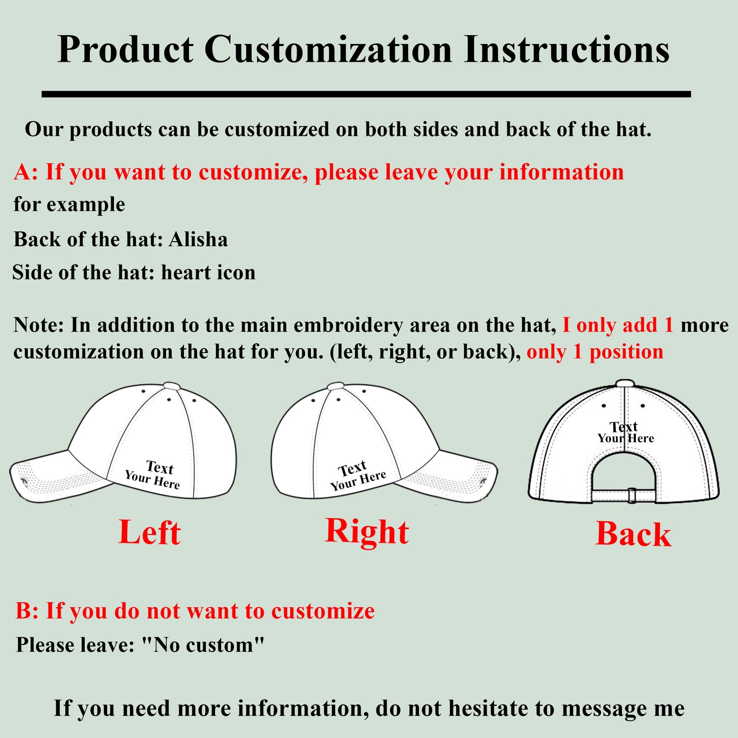 Instructions for customizing a hat with text and icons on sides and back, on a light gray background.