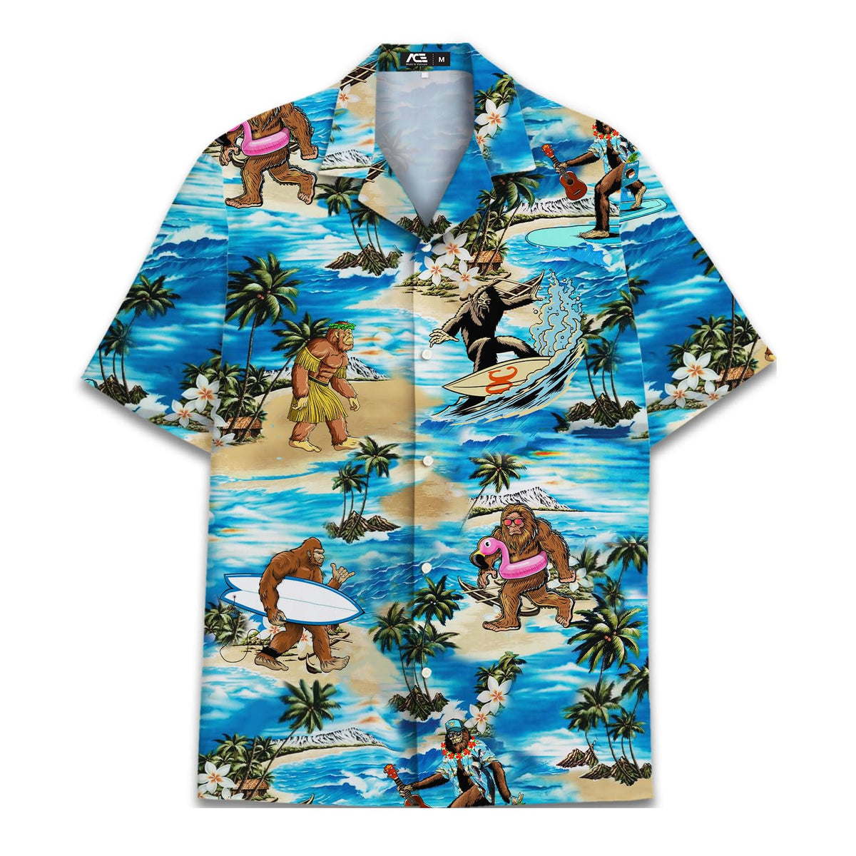Hawaiian shirt featuring Bigfoot surfing, hula dancing, playing ukulele on a tropical beach