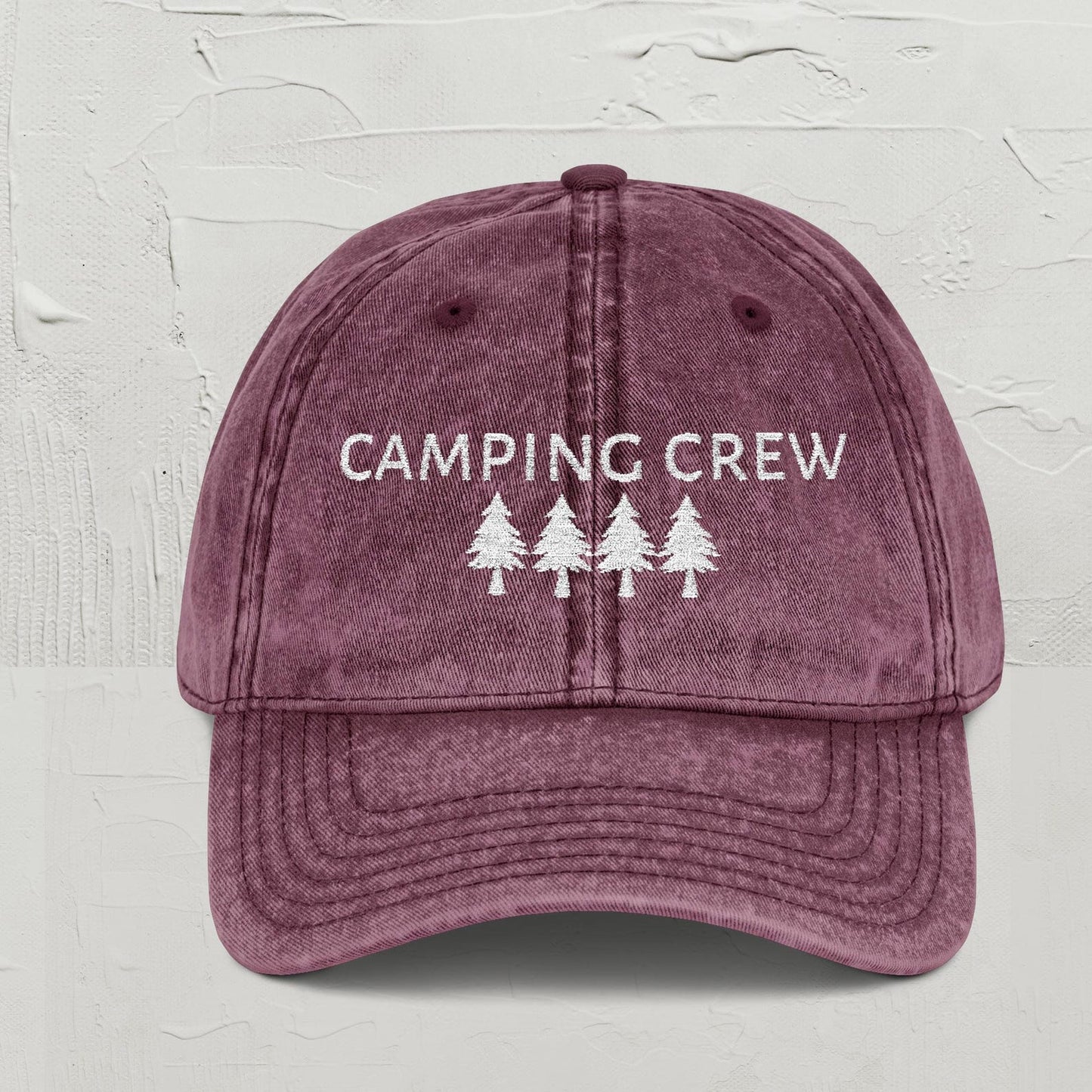 Maroon dad hat with “Camping Crew” text and pine trees embroidery – perfect for outdoor group adventures
