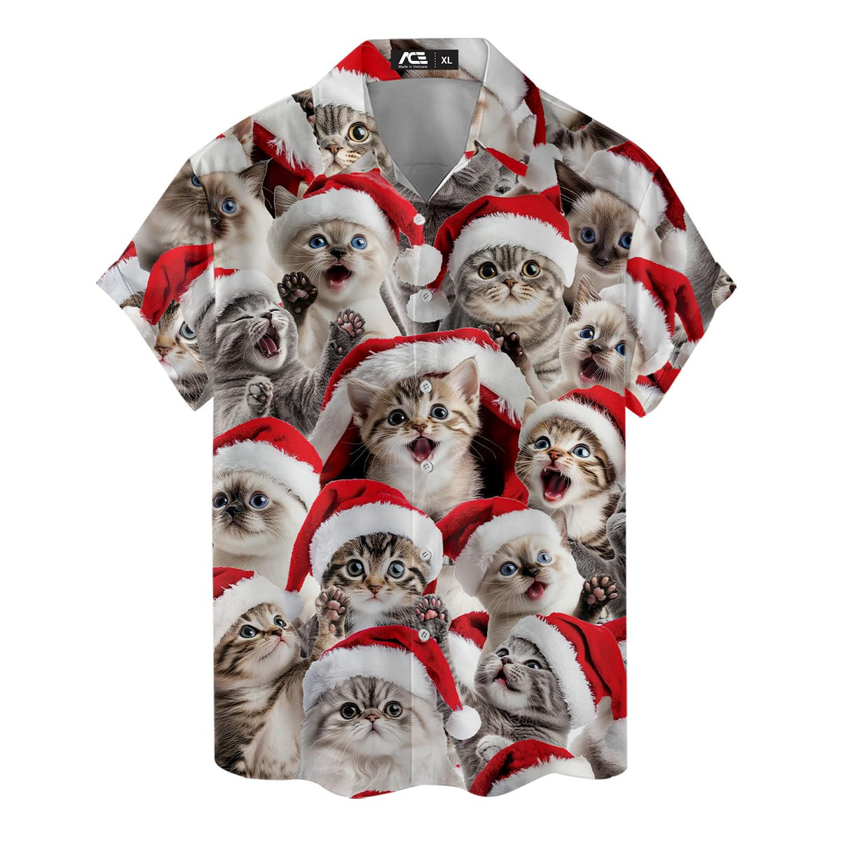 Funny Christmas Hawaiian shirt with adorable kittens wearing red Santa hats – perfect for festive cat lovers and holiday parties.