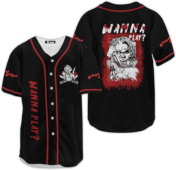 Black Chucky baseball jersey with red piping and “Wanna Play?” slasher artwork and Good Guys theme