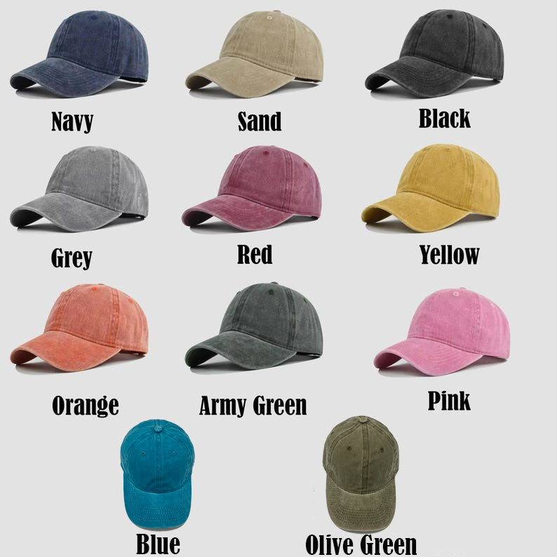 Collection of baseball caps in various colors with labels on a light gray background