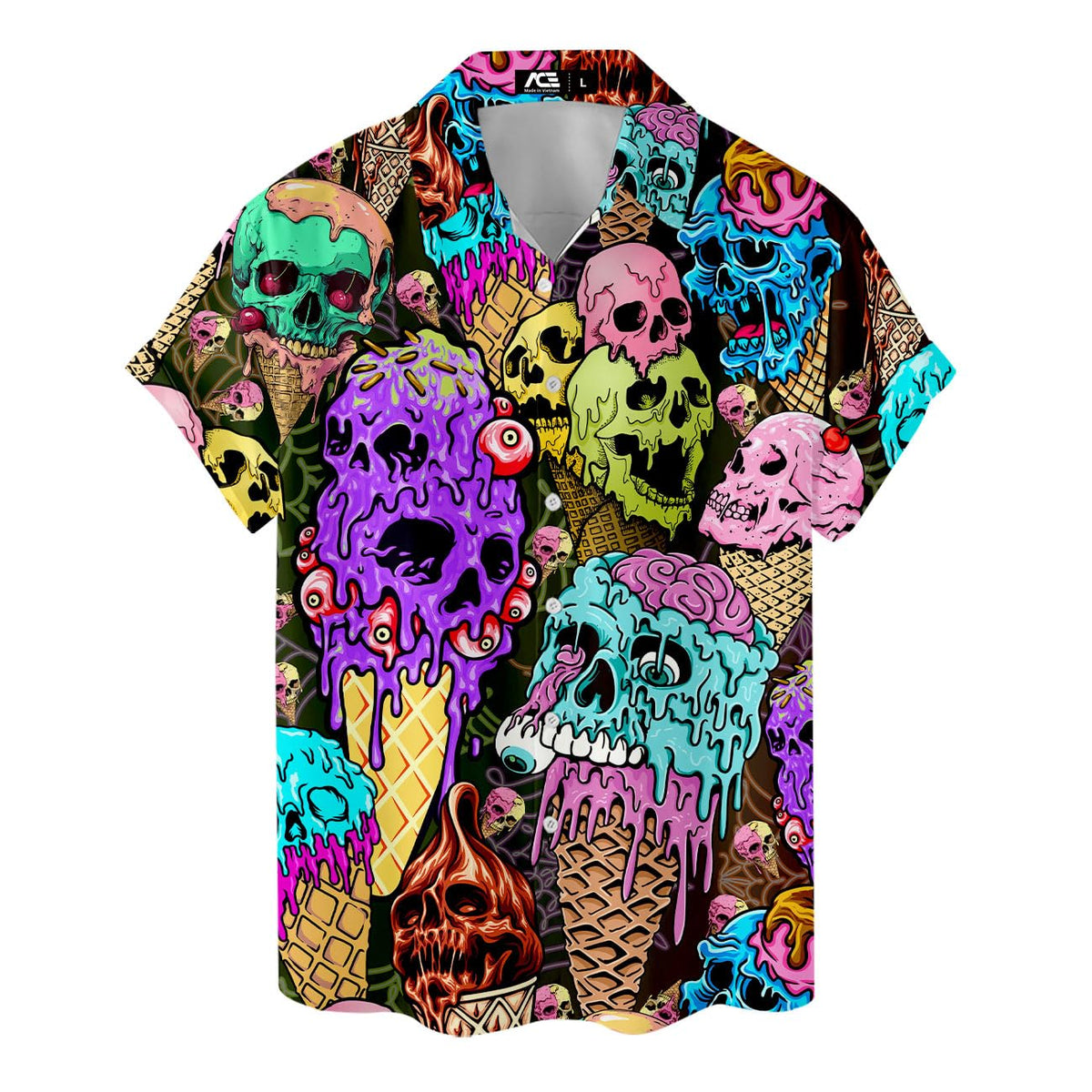 Creepy Hawaiian shirt with melting skull ice creams in neon horror style