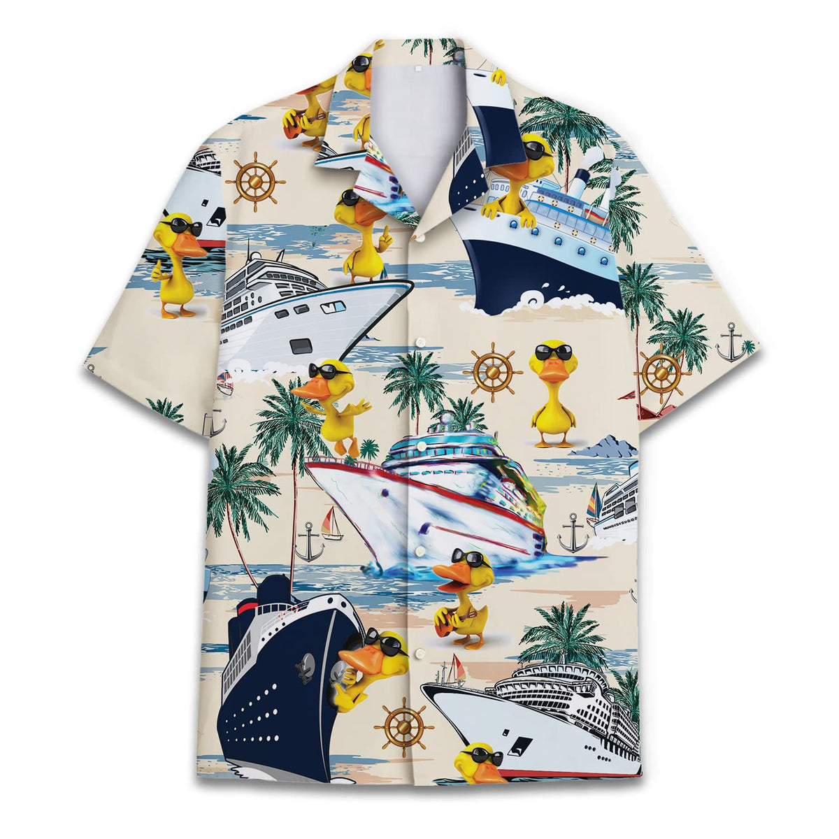 Funny Hawaiian shirt with yellow ducks in sunglasses, cruise ships, and palm trees – perfect for tropical vacations and cruise parties.