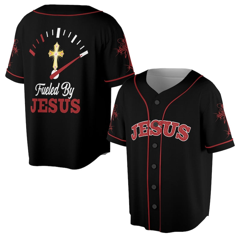 Black and red Christian baseball jersey with “JESUS” front and fuel gauge with cross on the back