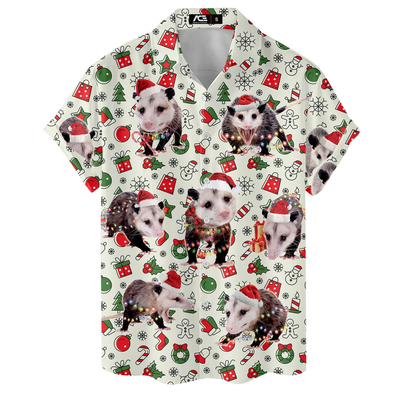 Funny Christmas Hawaiian shirt with possums in Santa hats and holiday-themed doodles – perfect for quirky festive wear.