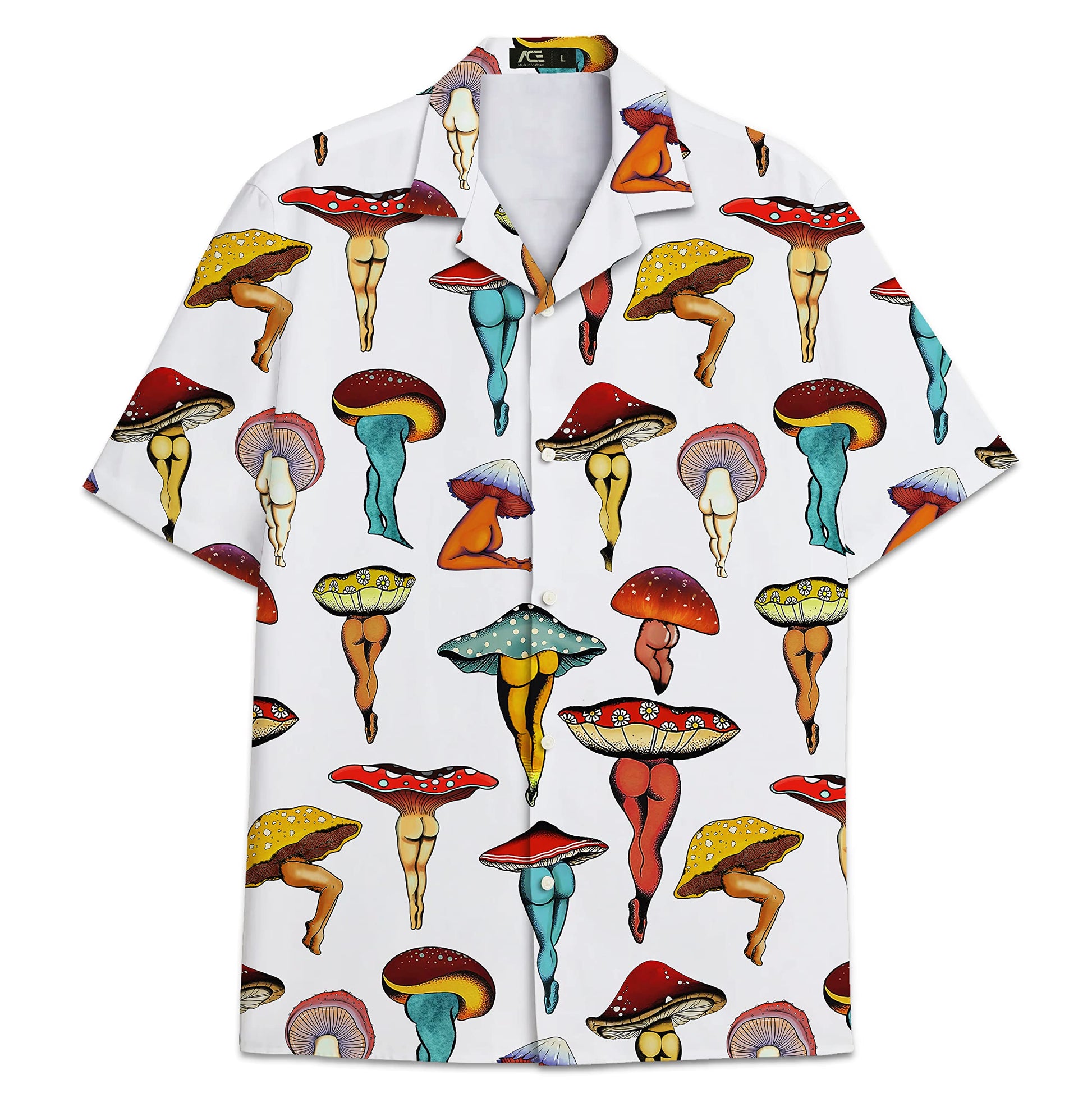 White Hawaiian shirt with humorous mushroom illustrations shaped like female bodies – quirky and artistic summerwear.