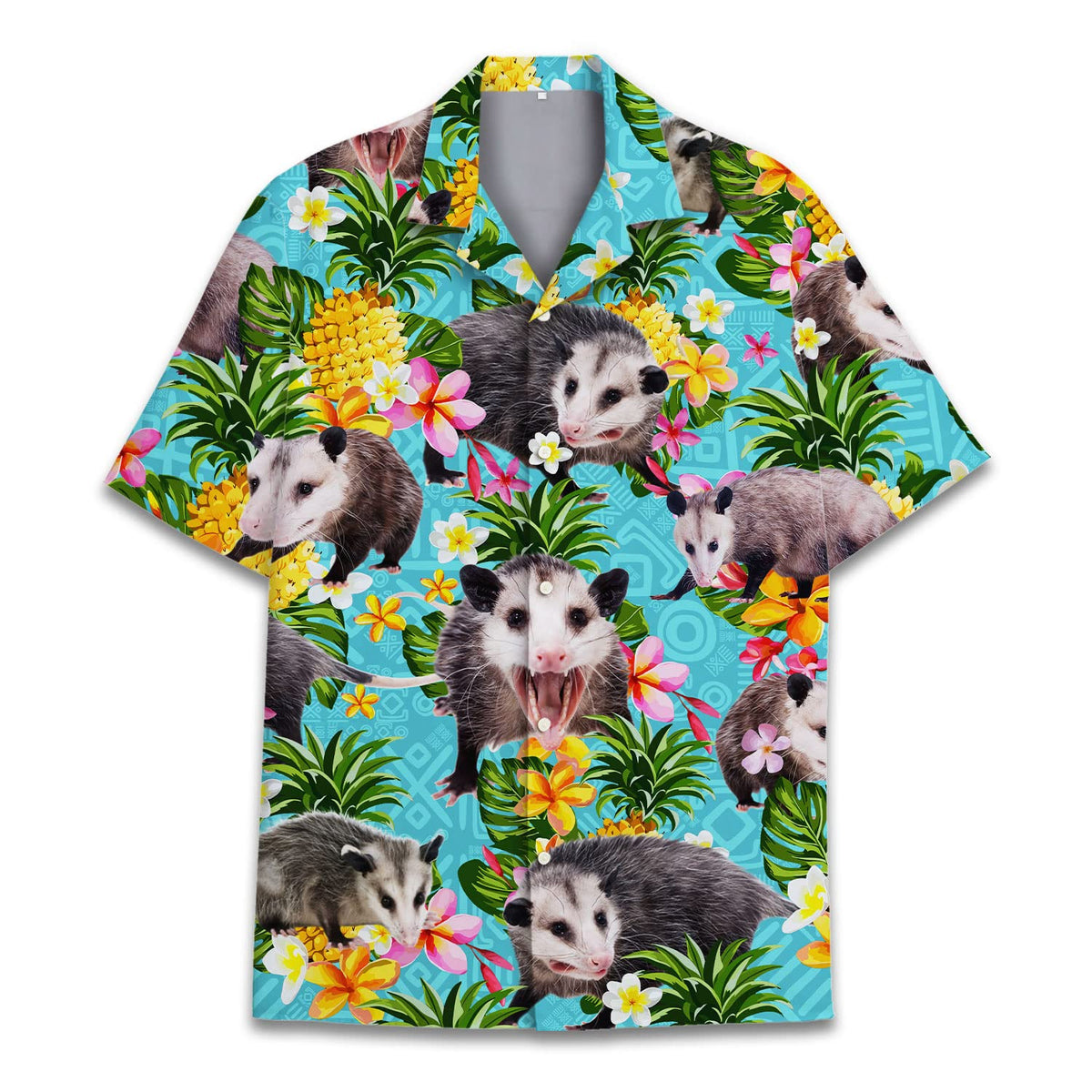 Funny Hawaiian shirt with expressive possums, pineapples, and tropical flowers on a turquoise background – perfect for summer and parties