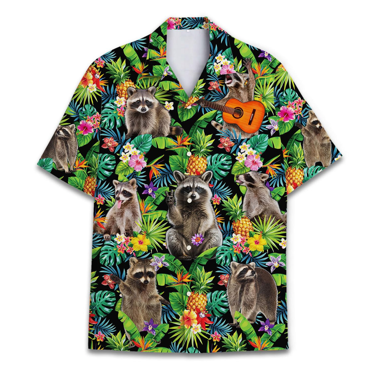 Hawaiian shirt featuring funny raccoons with tropical flowers and pineapples on a jungle leaf background
