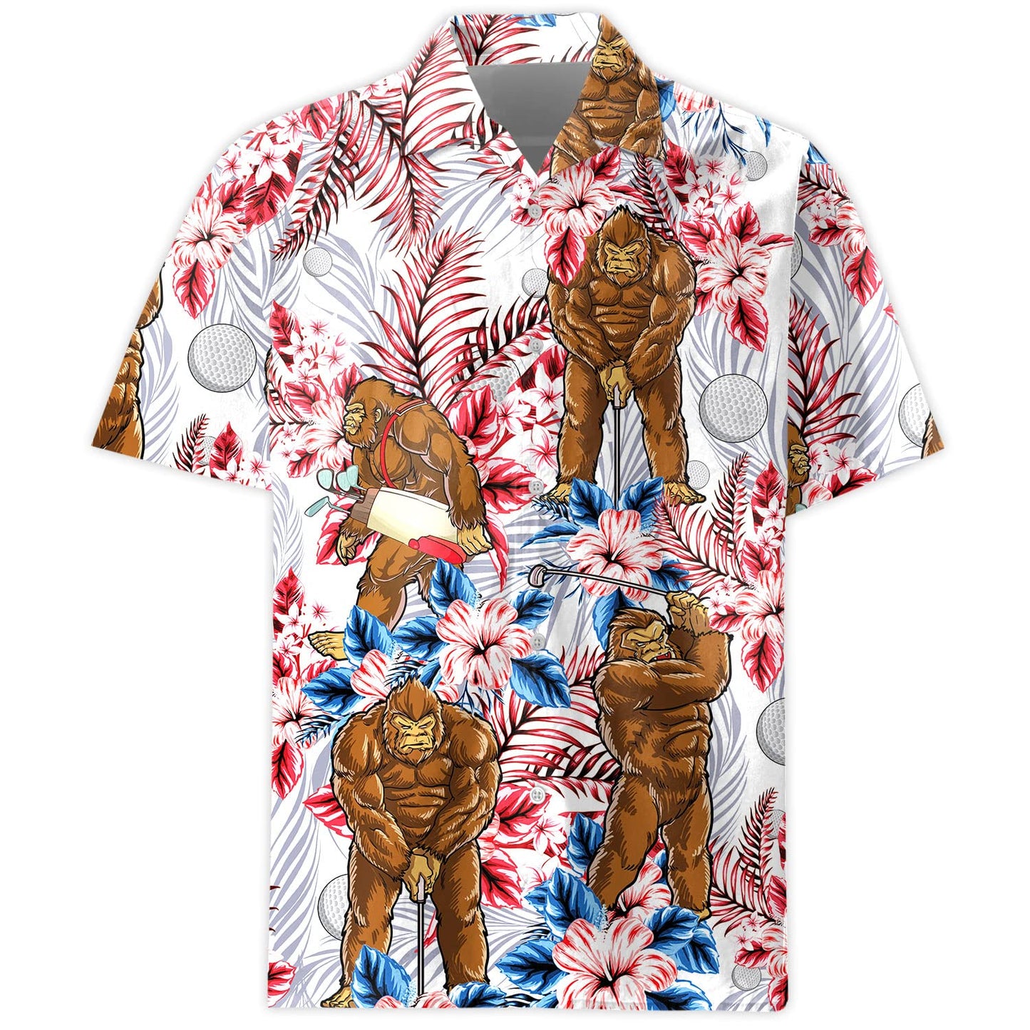 Funny Hawaiian shirt with strong gorilla golfing and tropical flowers