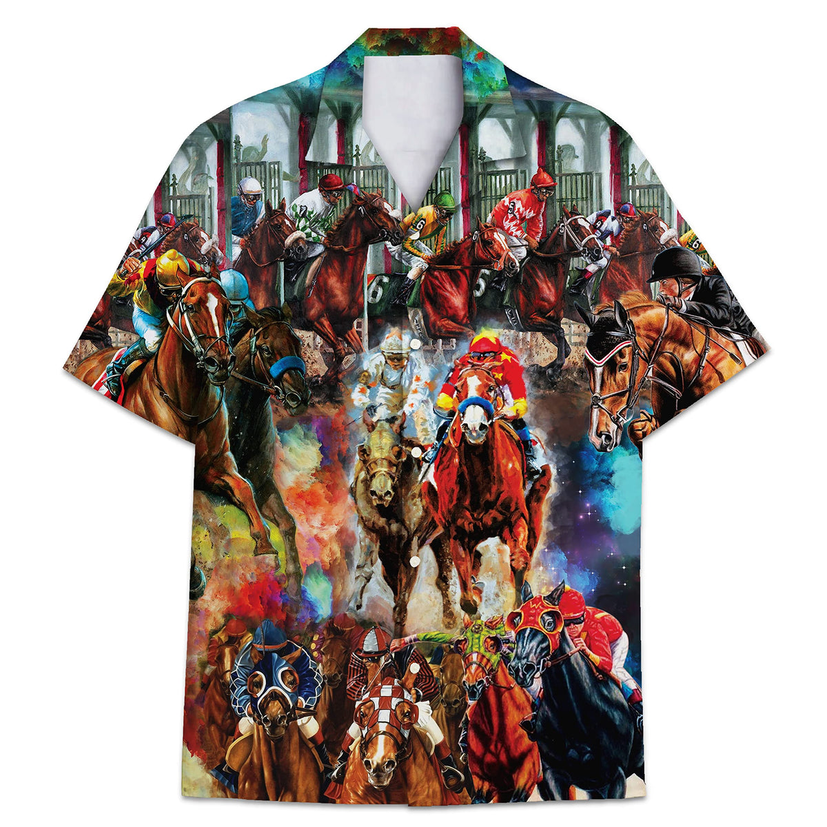 Colorful Hawaiian shirt featuring dynamic horse racing scenes and jockeys in vivid action – ideal for race day or bold summer fashion