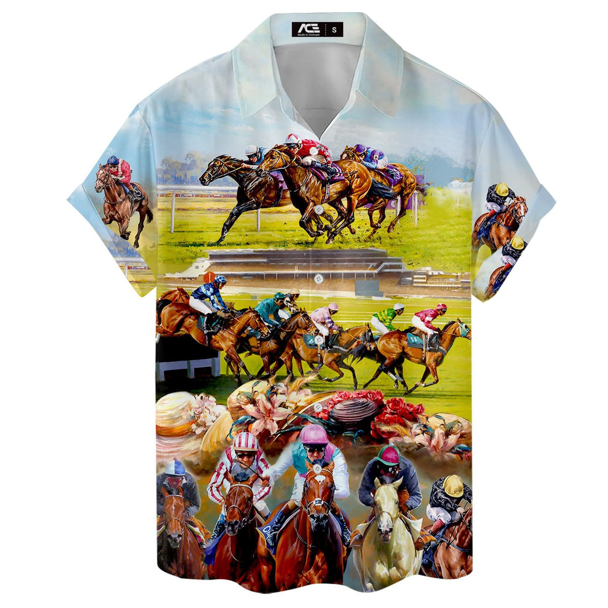 Hawaiian shirt featuring vivid horse racing scene with jockeys in action
