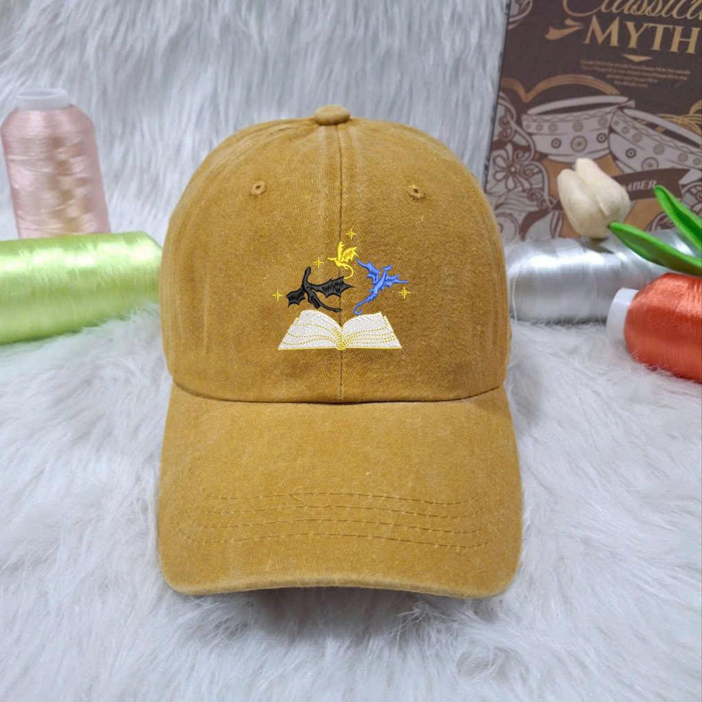 Magic Book Embroidered Hat – Fantasy Gray Washed Cap