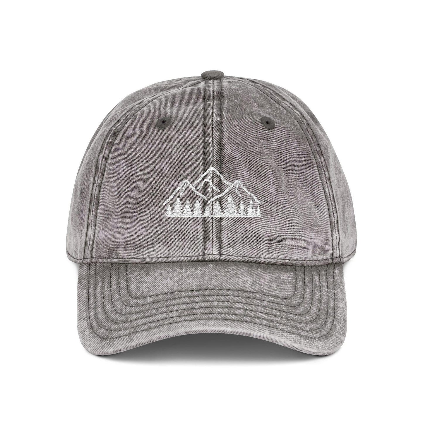 Mountain Forest Embroidered Dad Hat – Black Washed Nature Cap