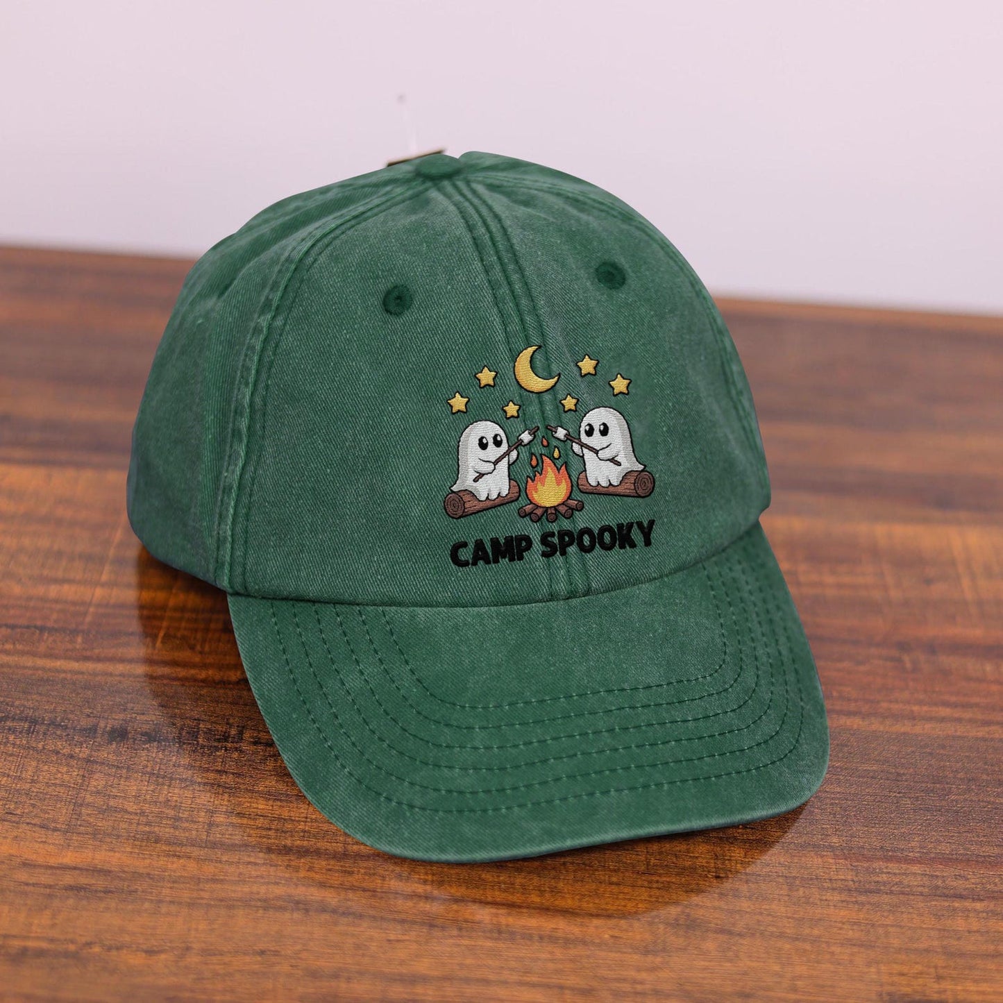Camp Spooky Ghost Hat – Embroidered Beige Halloween Cap