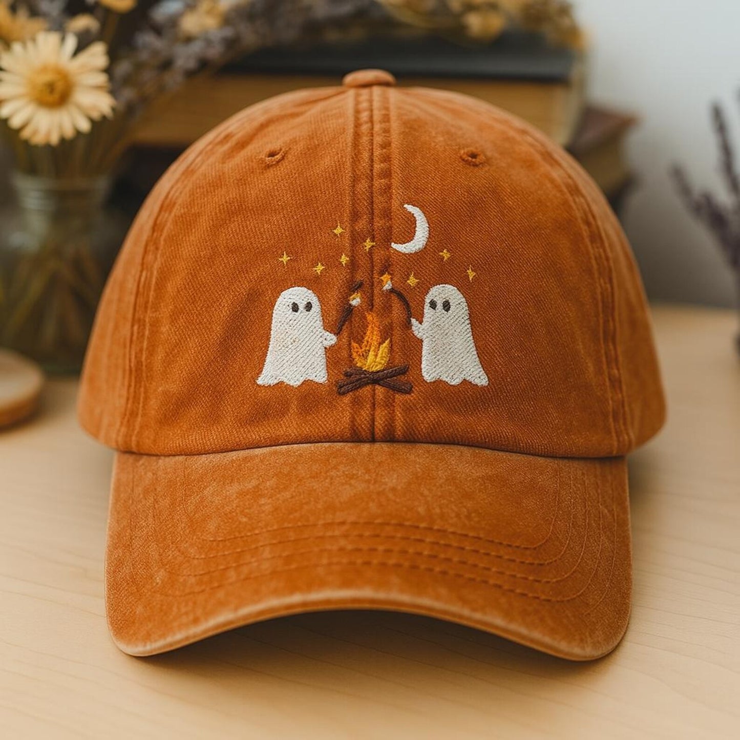 Ghost Campfire Marshmallow Hat – Navy Embroidered Halloween Cap
