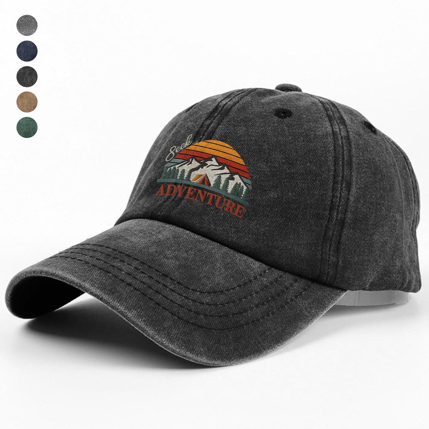 Seek Adventure Embroidered Hat – Mountain Sunset Green Cap