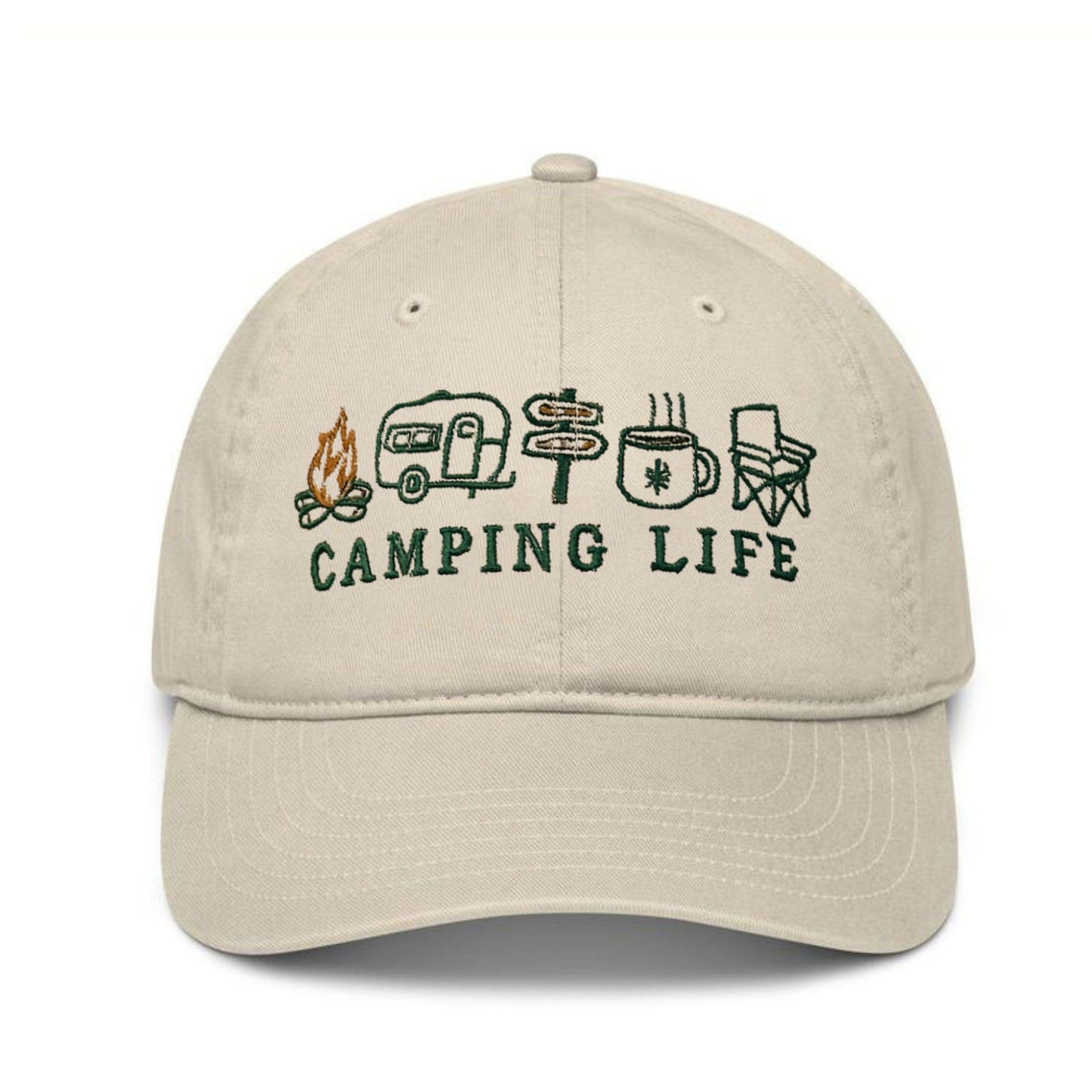 Camping Life Embroidered Dad Hat – Beige Outdoor Adventure Cap