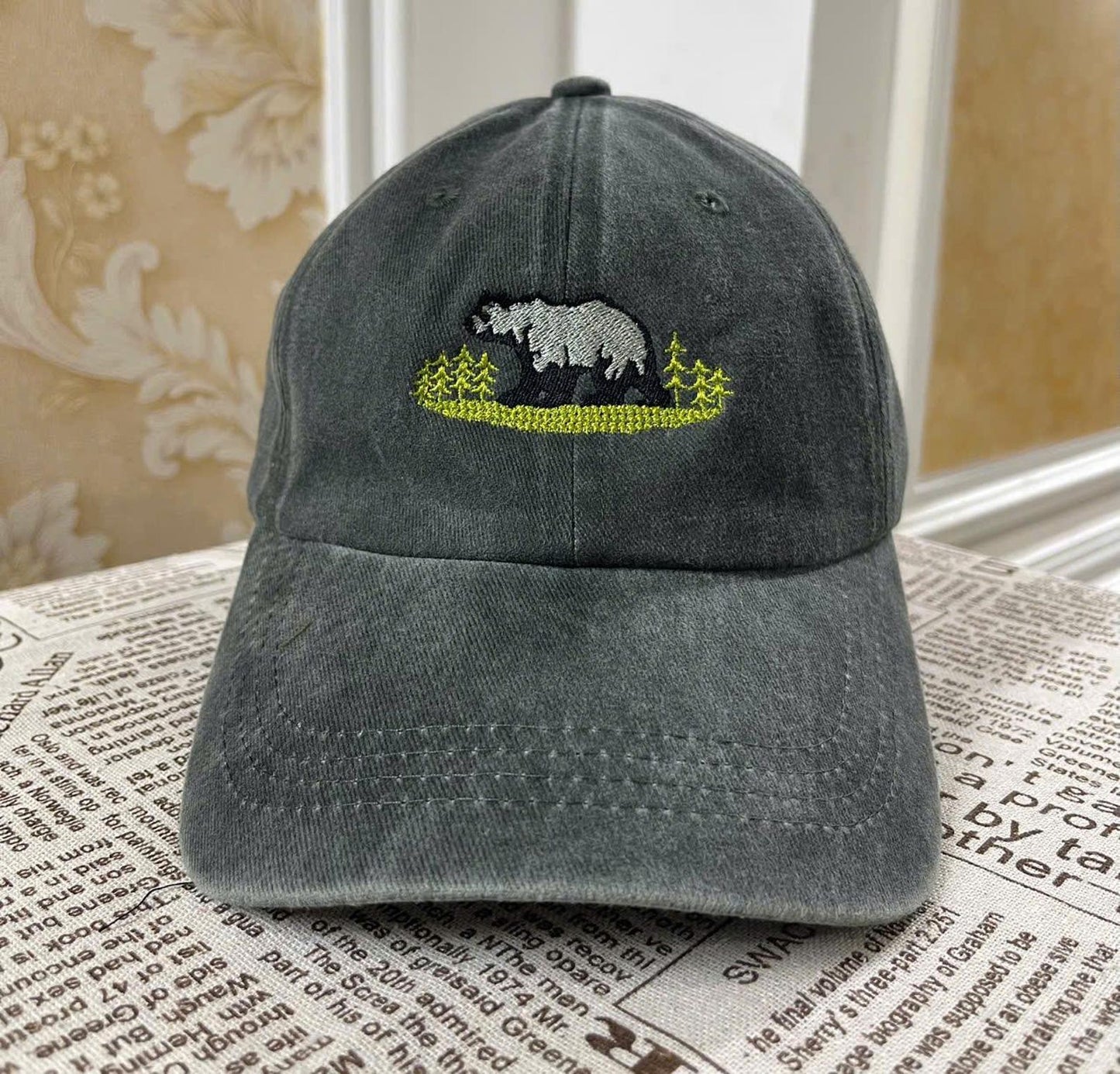 Embroidered Bear Hat – Olive Green Wilderness Adventure Cap