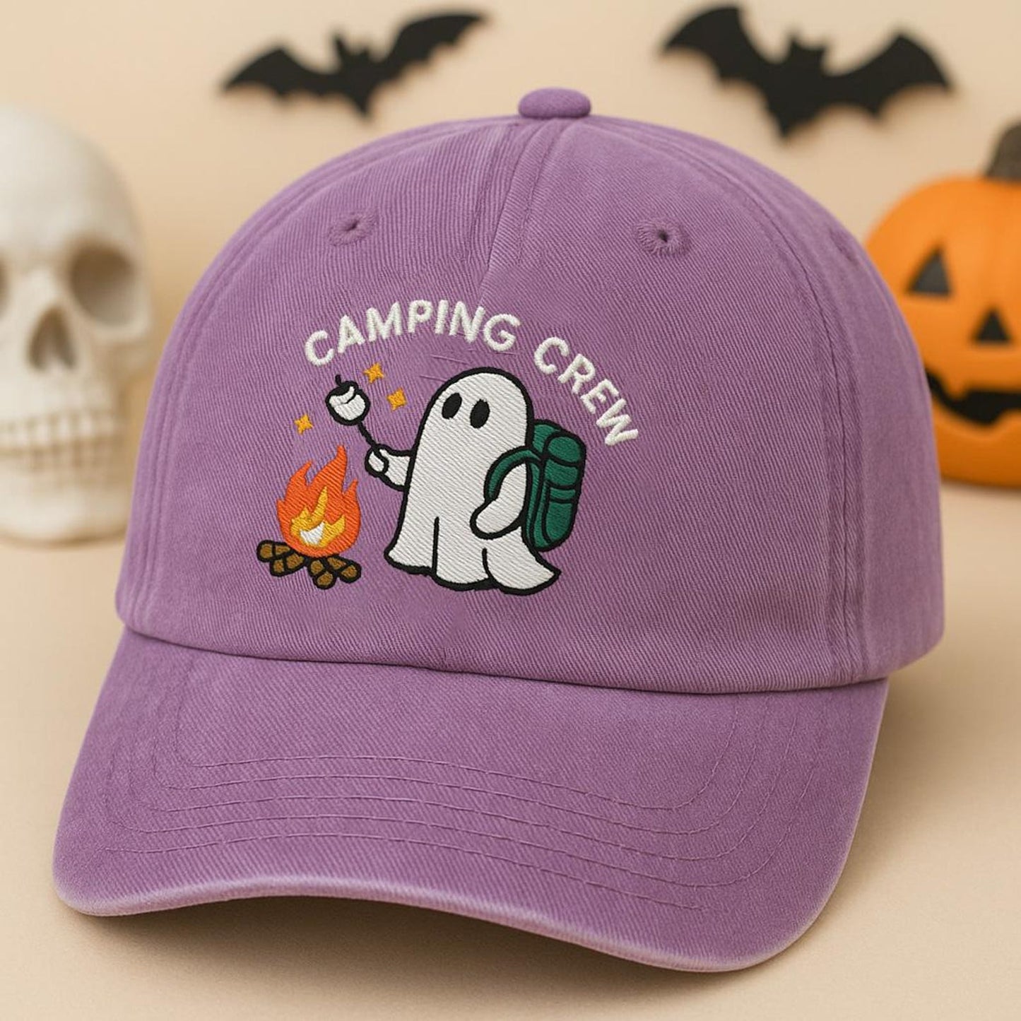 Camping Crew Ghost Hat – Embroidered Spooky Cute Campfire Cap