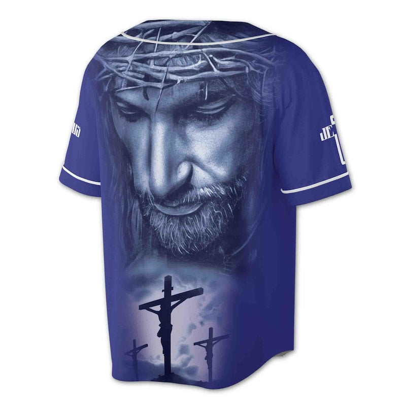 Jesus Blue Baseball Jersey – Crucifixion Graphic Shirt – Christian Faith Apparel for Believers