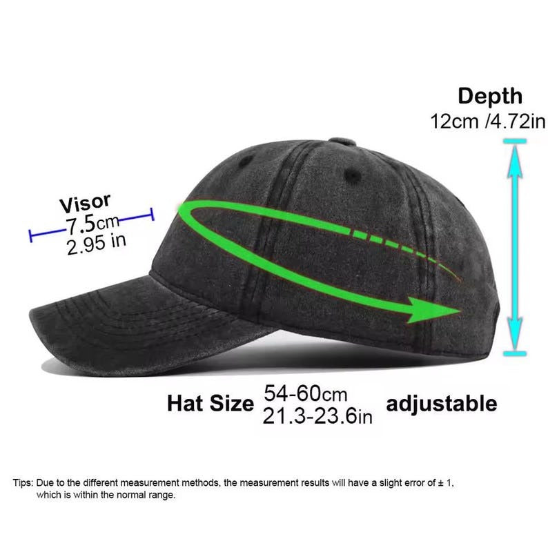 Black baseball cap with measurements on a white background