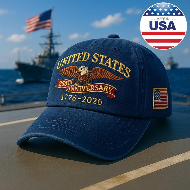 Custom Name United States 250th Anniversary Hat 1776–2026 Eagle Embroidered Navy Blue Patriotic Cap American Flag Gift Made in USA